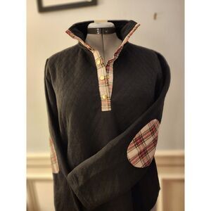 Top It Off Quilted Pullover Sweater Black Plaid Collar Elbow Patches Size S